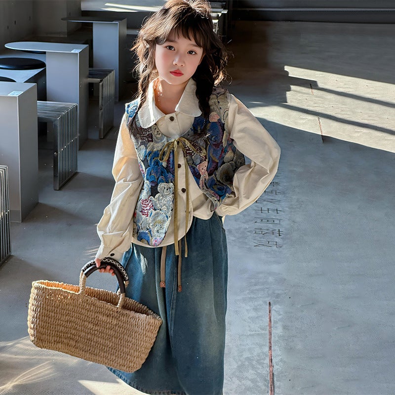 Korean Style Spring & Fall Season Suit Girls Fashionable Shirt Vest Denim Skirt Three-Piece Set - Image 5