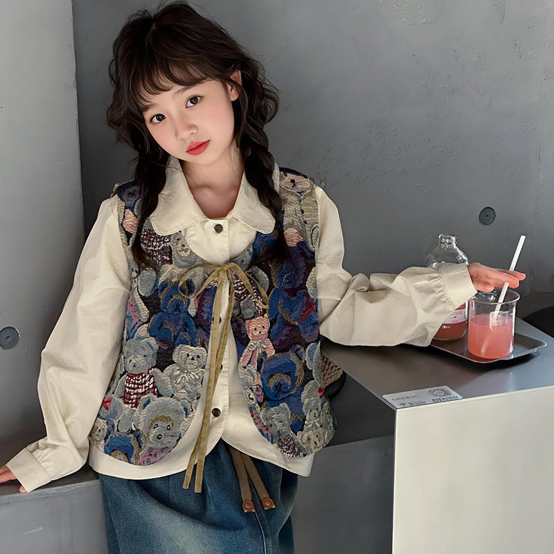 Korean Style Spring & Fall Season Suit Girls Fashionable Shirt Vest Denim Skirt Three-Piece Set - Image 4