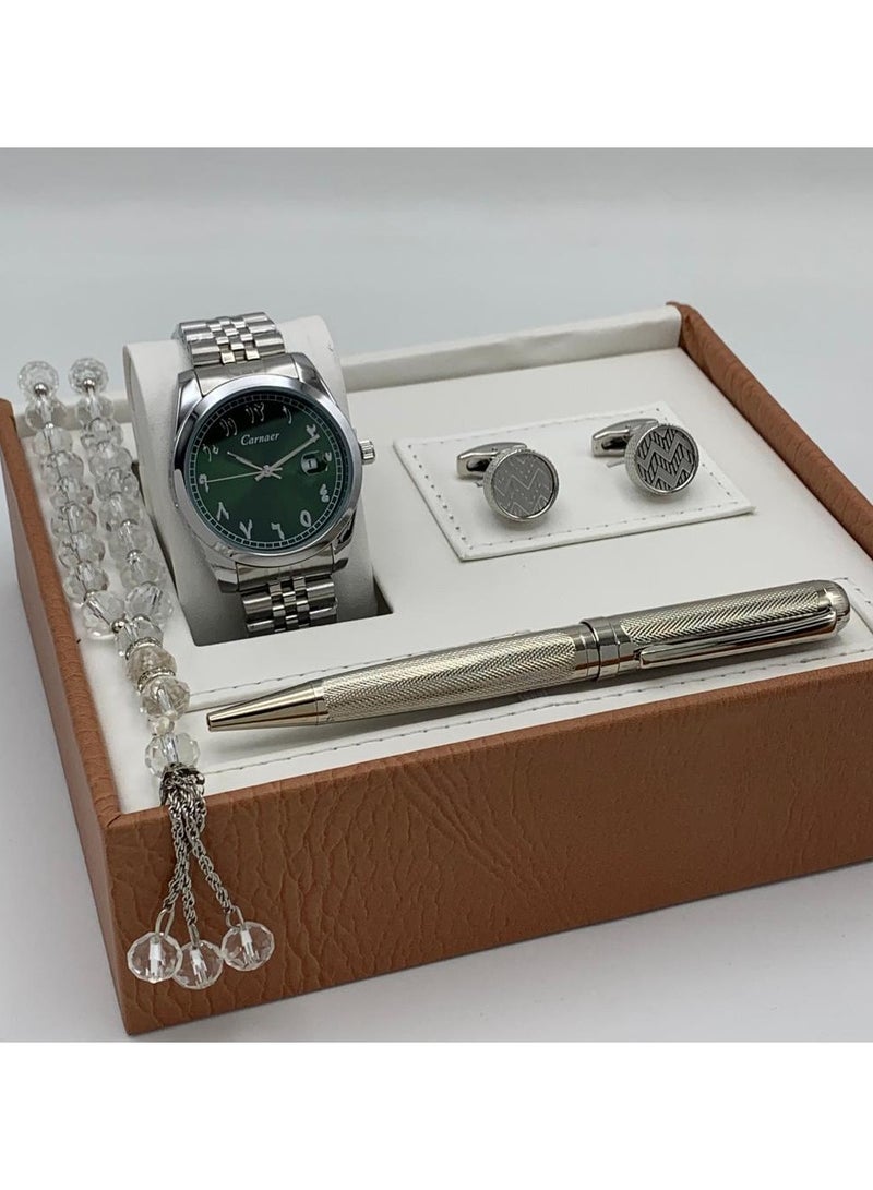 CAR Men's set from Carnaer, consisting of fuor pieces: a watch, a pen, cufflinks, and a rosary.