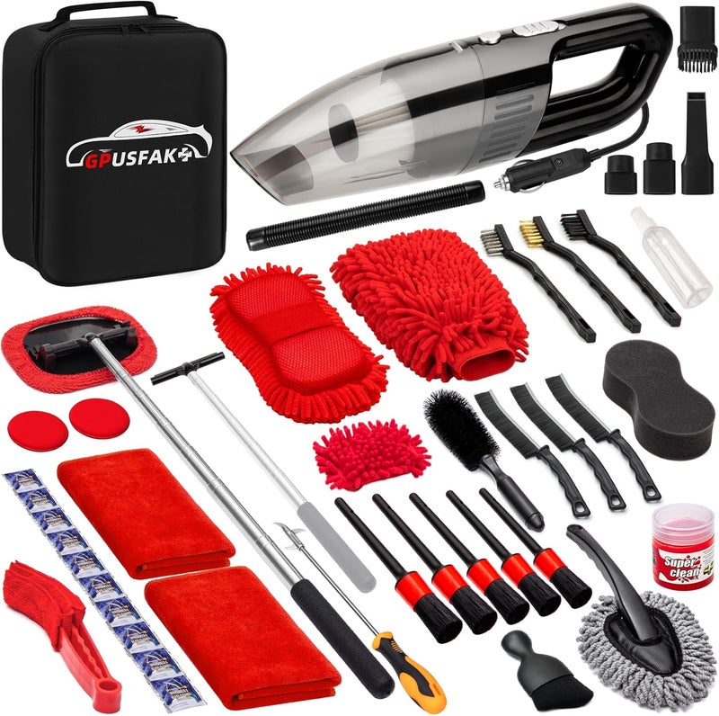 GPUSFAK 45Pcs Car Wash Cleaning Kit with High Power Handheld Vacuum Windshield Cleaning Tool with Side Mirror Squeegee Detailing Brushes Tire Brush Towels Complete Detailing Set for Car - Image 1