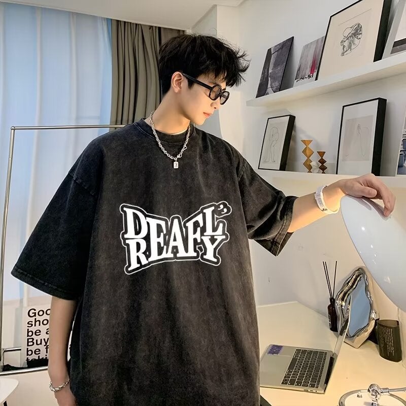Heavy Cotton Short-sleeved T-shirt Boys Summer Washed Vintage Dressed Station Fashion Brand Half-sleeved T-shirt