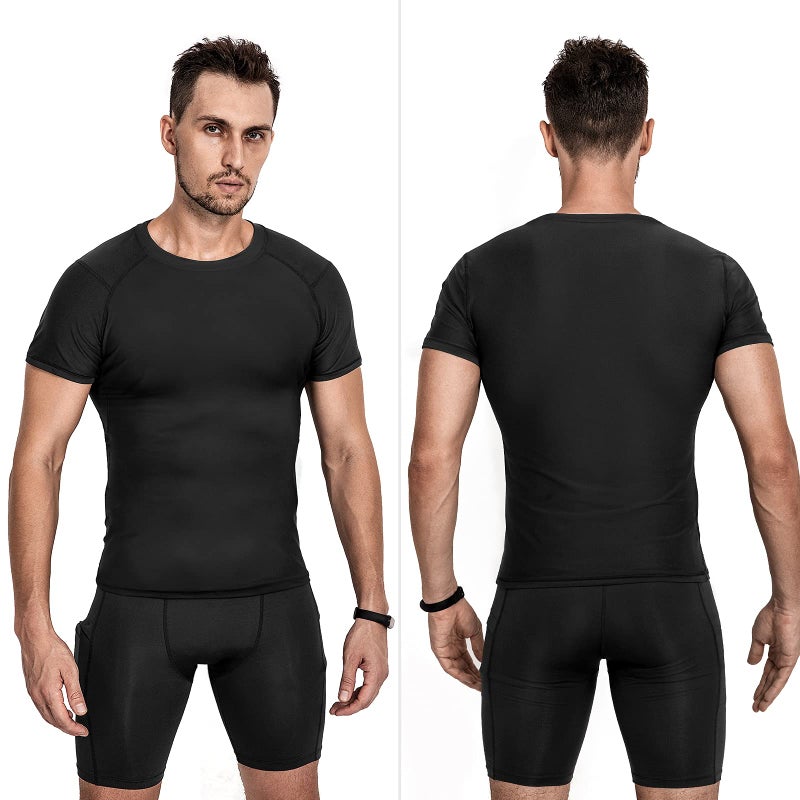 Niksa Men's Compression Shirts 3/5 Pack, Short Sleeve Athletic Compression Tops Cool Dry Workout T Shirt Dark Black - Image 2