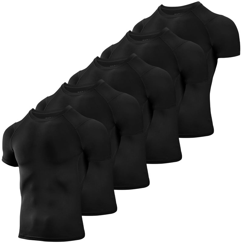 Niksa Men's Compression Shirts 3/5 Pack, Short Sleeve Athletic Compression Tops Cool Dry Workout T Shirt Dark Black - Image 1