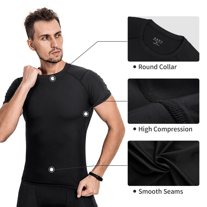 Niksa Men's Compression Shirts 3/5 Pack, Short Sleeve Athletic Compression Tops Cool Dry Workout T Shirt Dark Black - Image 4