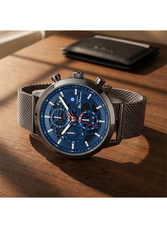 Ben Sherman Nottingham Blue Dial Gunmetal Stainless Steel Bracelet Chronograph Watch for Men, 44mm - Image 4