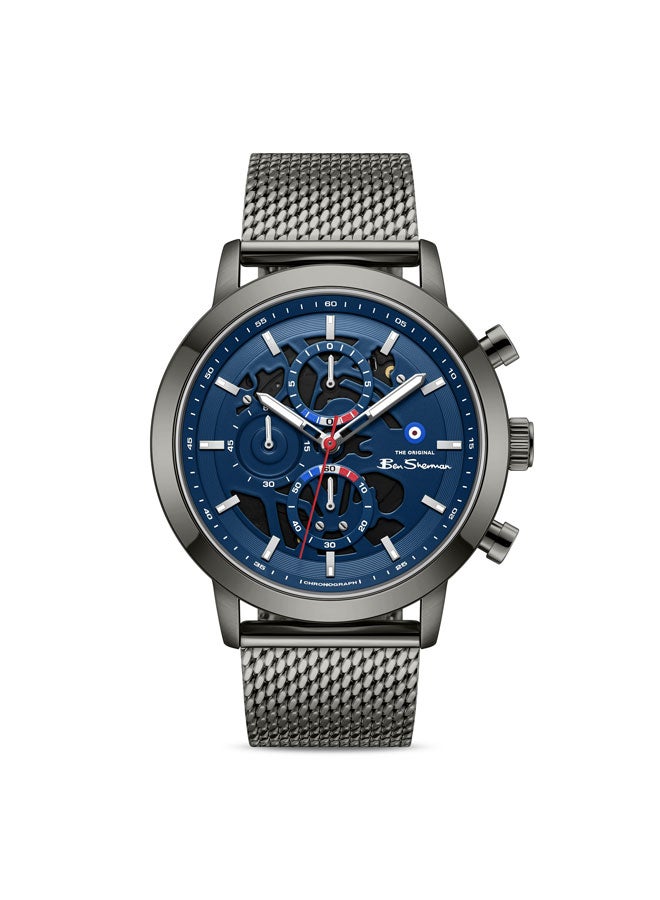 Ben Sherman Nottingham Blue Dial Gunmetal Stainless Steel Bracelet Chronograph Watch for Men, 44mm - Image 1