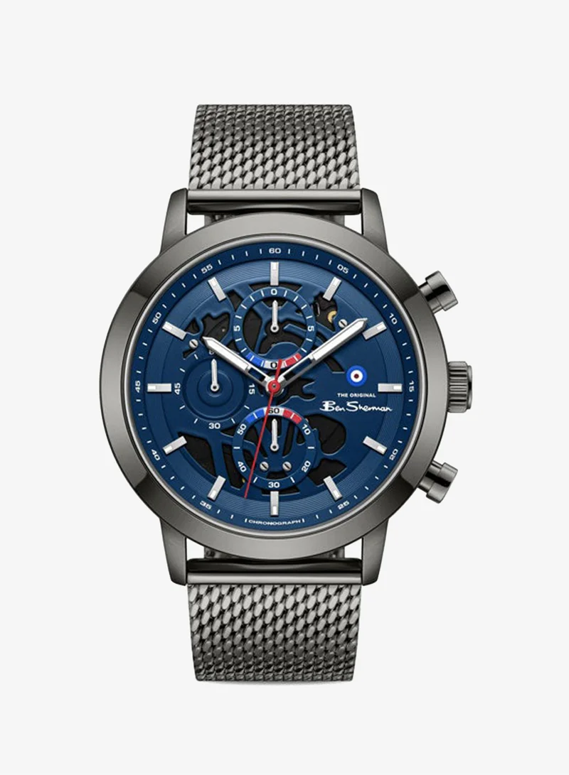 Ben Sherman Nottingham Blue Dial Gunmetal Stainless Steel Bracelet Chronograph Watch for Men, 44mm