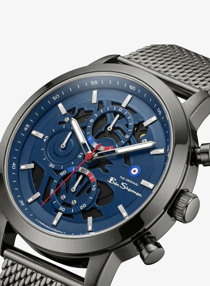 Ben Sherman Nottingham Blue Dial Gunmetal Stainless Steel Bracelet Chronograph Watch for Men, 44mm