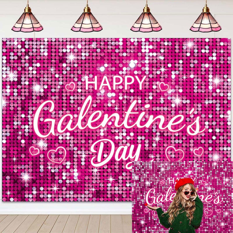 BUTEN Galentine's Day Backdrop Red Pink Glitter - Happy Galentines Banner Decor for Women Friends Party, Ladies Celebrating Photo Booth Background, Valentine's Wall Decorations (Pink, 7x5FT) - Image 1