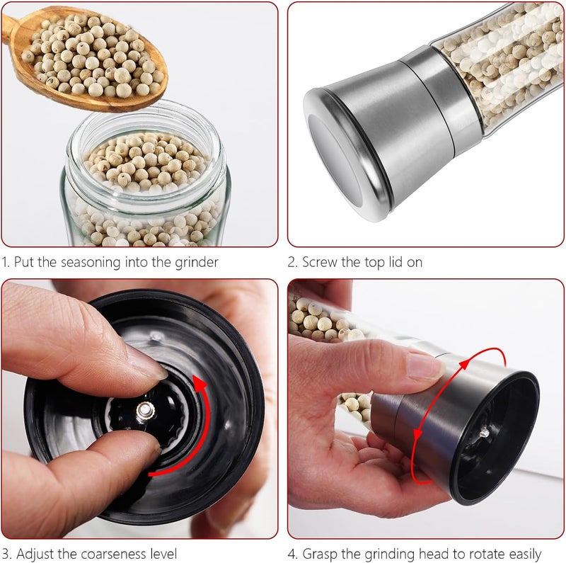 eispap 2Pcs Salt and Pepper Grinder Tall Size - Black Pepper,Herb Shakers Mill Refillable Manual - Stainless Steel Lid - Adjustable Coarseness - Glass Material- Fits in Home,Kitchen,Barbecue (2) - Image 5