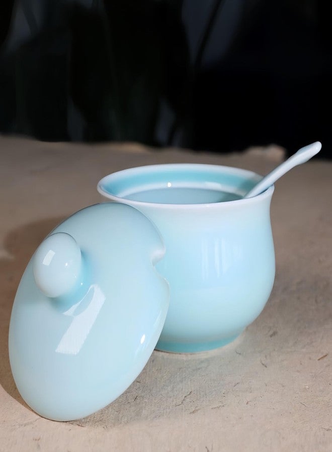 Tingyework Porcelain Salt Cellar with Lid and Spoon, 4.4 oz Salt Container Sugar Bowl for Spice & Seasonings, Elegant Kitchen Counter Decor, Chinese Celadon (Ivory Blue) - Image 4