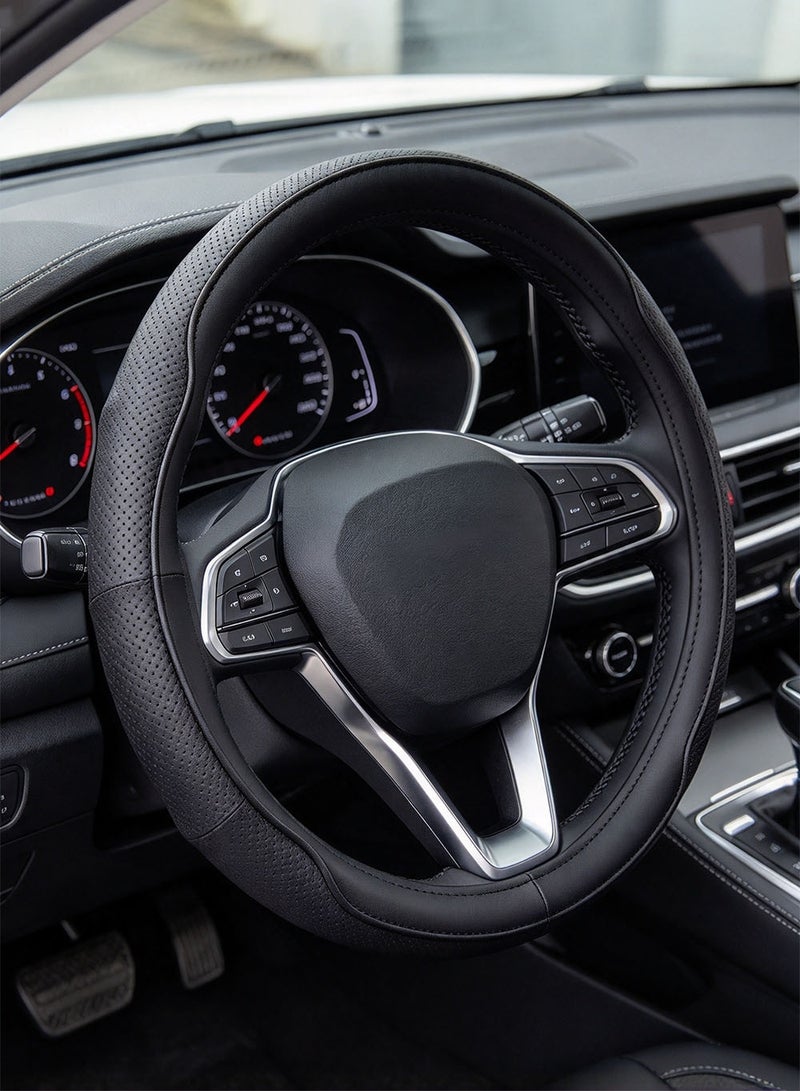 GROWPAL Faux Leather Car Steering Wheel Cover Black With White Rim Anti Slip Steering Protector Single Piece - Image 1