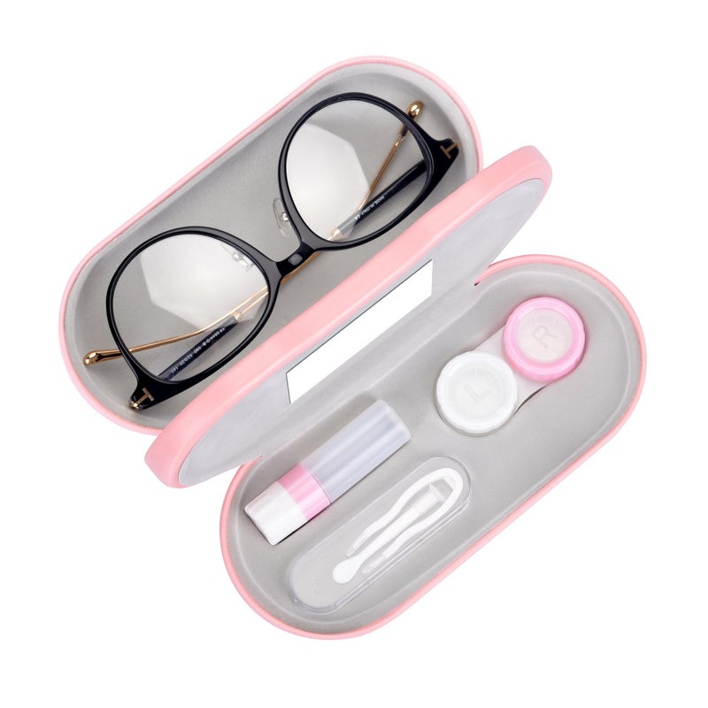 Muf 2 in 1 Contact Lens Case and Glasses Case, Double Sided Design with Mirror, Portable Travel Kit with Tweezer, Remover and Solution Bottle, Pink - Image 1