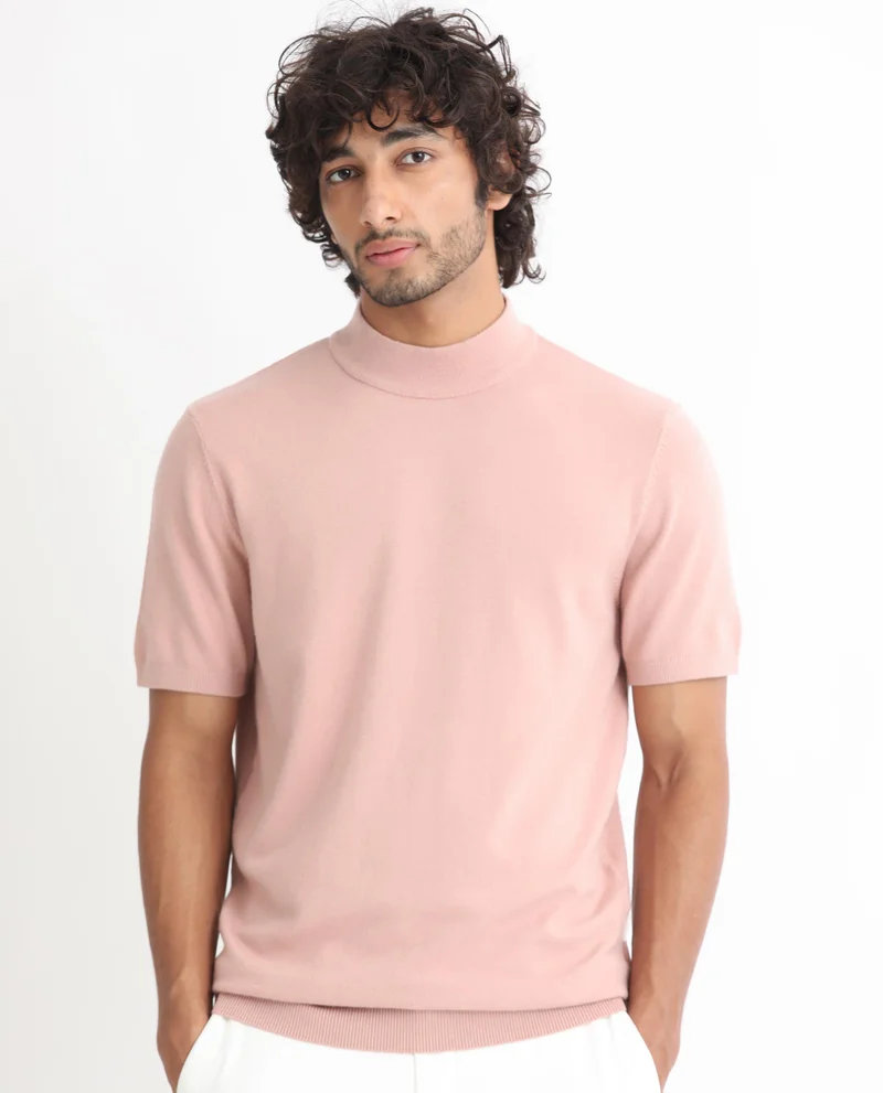 Rare Rabbit Rare Rabbit Men's Alfet Peach Half Sleeves High Neck Knitted T-Shirt