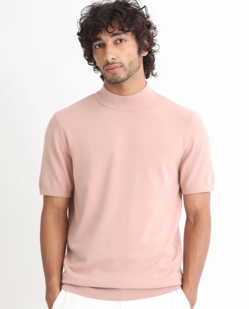 Rare Rabbit Rare Rabbit Men's Alfet Peach Half Sleeves High Neck Knitted T-Shirt