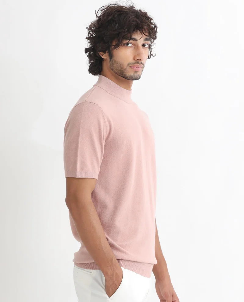 Rare Rabbit Rare Rabbit Men's Alfet Peach Half Sleeves High Neck Knitted T-Shirt