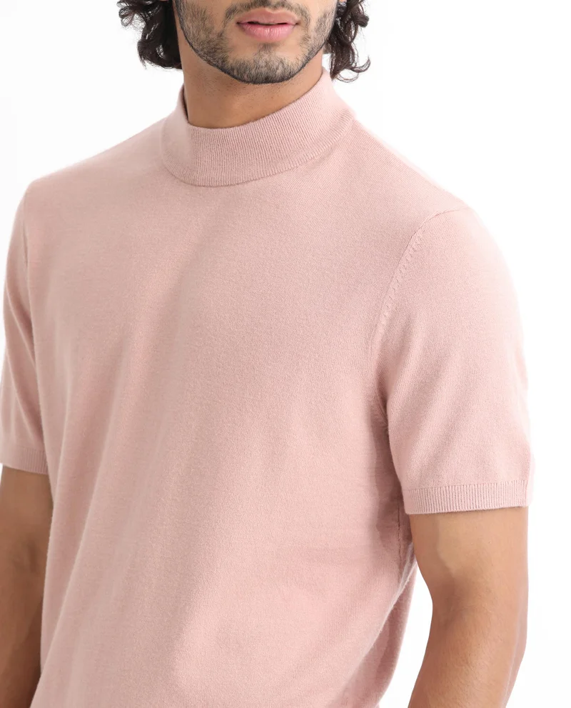 Rare Rabbit Rare Rabbit Men's Alfet Peach Half Sleeves High Neck Knitted T-Shirt