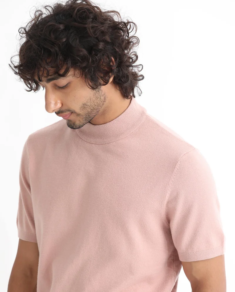 Rare Rabbit Rare Rabbit Men's Alfet Peach Half Sleeves High Neck Knitted T-Shirt