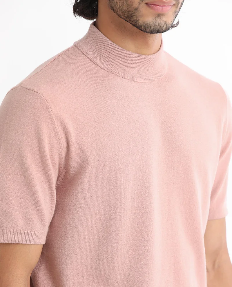 Rare Rabbit Rare Rabbit Men's Alfet Peach Half Sleeves High Neck Knitted T-Shirt