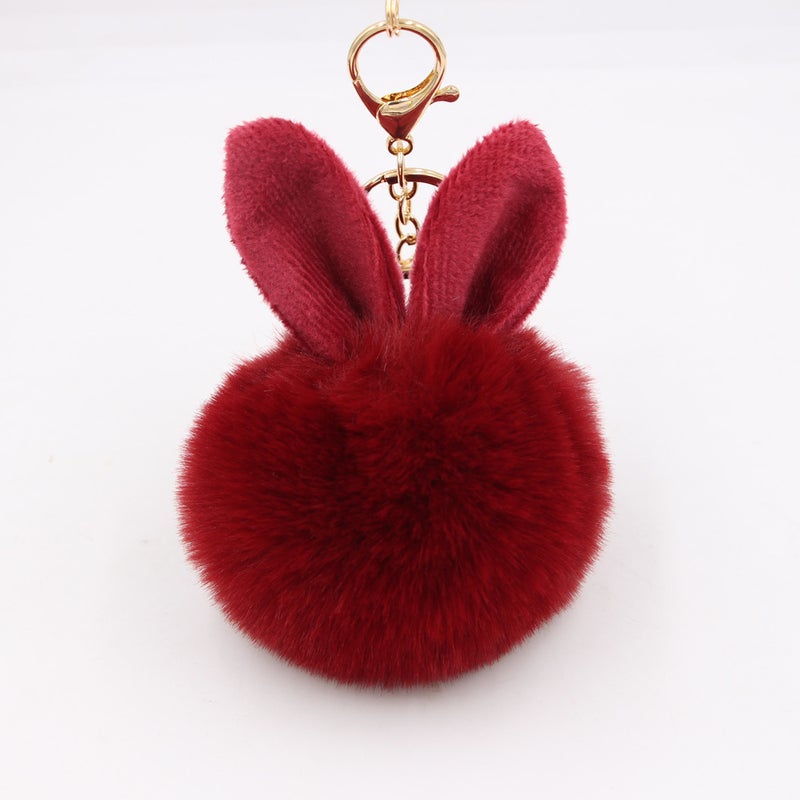 Generic Cute Rabbit Ear Pompom Keychain Brown - Image 3