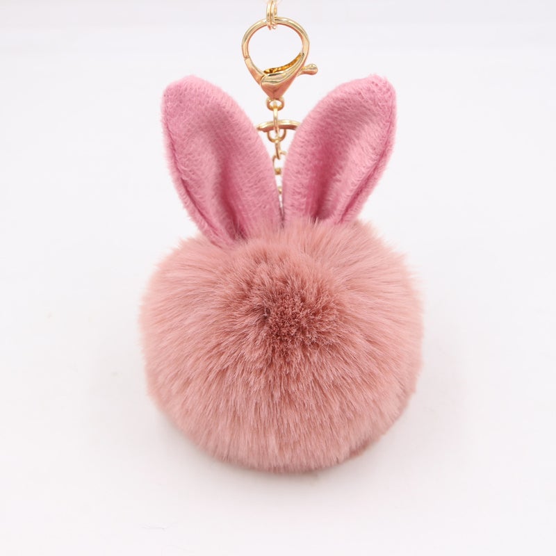 Generic Cute Rabbit Ear Pompom Keychain Brown - Image 2