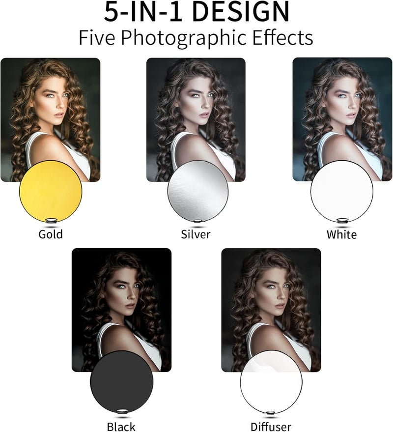 Selens 43 Inch (110cm) Photography Reflector, Collapsible Light Reflector with Carrying Case, 5 in 1 Reflector for Photography Photo Studio Lighting -Translucent, Silver, Gold, White and Black - Image 4