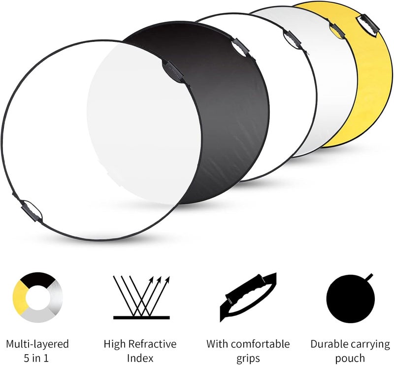 Selens 43 Inch (110cm) Photography Reflector, Collapsible Light Reflector with Carrying Case, 5 in 1 Reflector for Photography Photo Studio Lighting -Translucent, Silver, Gold, White and Black - Image 2