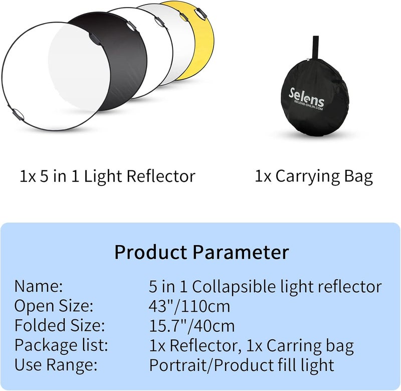 Selens 43 Inch (110cm) Photography Reflector, Collapsible Light Reflector with Carrying Case, 5 in 1 Reflector for Photography Photo Studio Lighting -Translucent, Silver, Gold, White and Black - Image 5