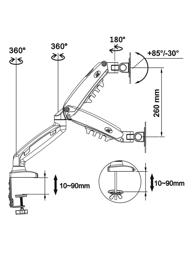 NB NB North Bayou Full Motion Swivel Computer Monitor Stand with Gas Spring Arm and Tilt Angle Adjustable Height for 17-30 inch Screens VESA 75x75/100x100mm with Clamp, Grommet Mounting Base F80 - Image 5