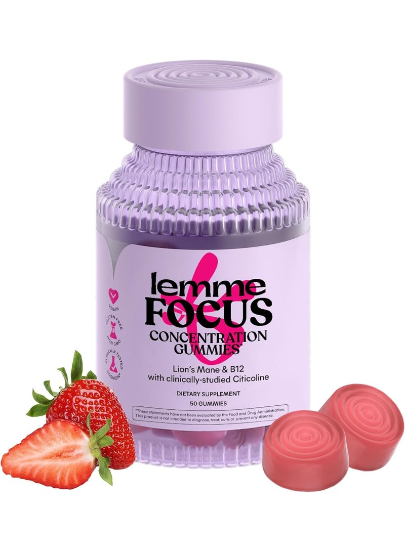 Lemme Focus Concentration & Brain Health Gummies with Cognizin Citicoline Lion's Mane Mushroom Caffeine Free Strawberry 50 Gummies - Image 1
