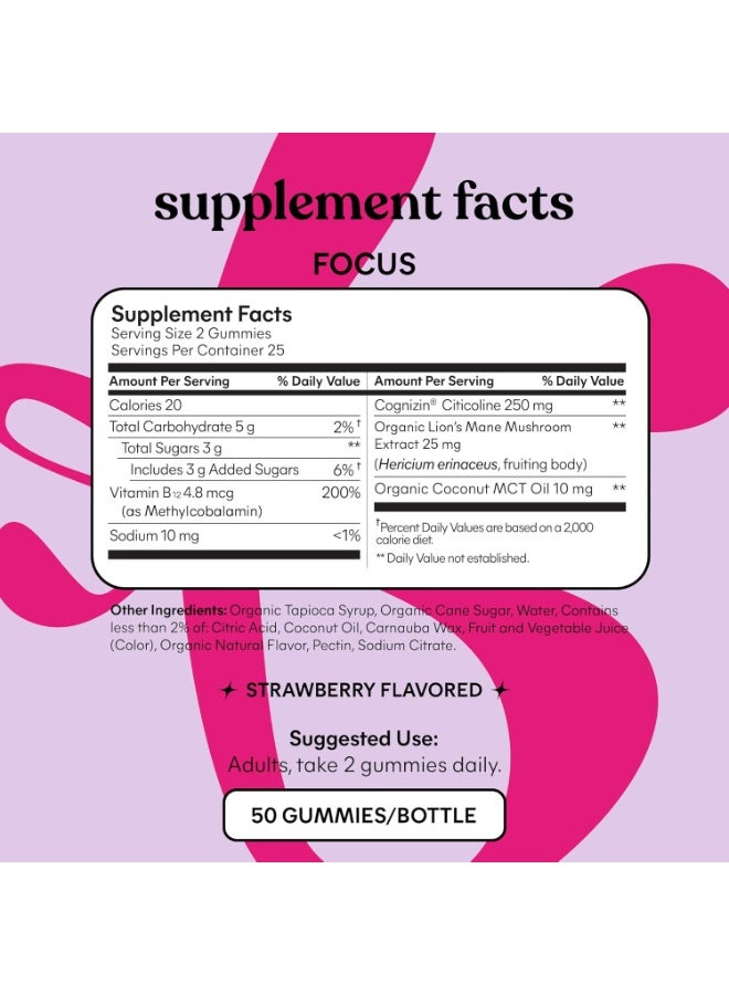 Lemme Focus Concentration & Brain Health Gummies with Cognizin Citicoline Lion's Mane Mushroom Caffeine Free Strawberry 50 Gummies - Image 2
