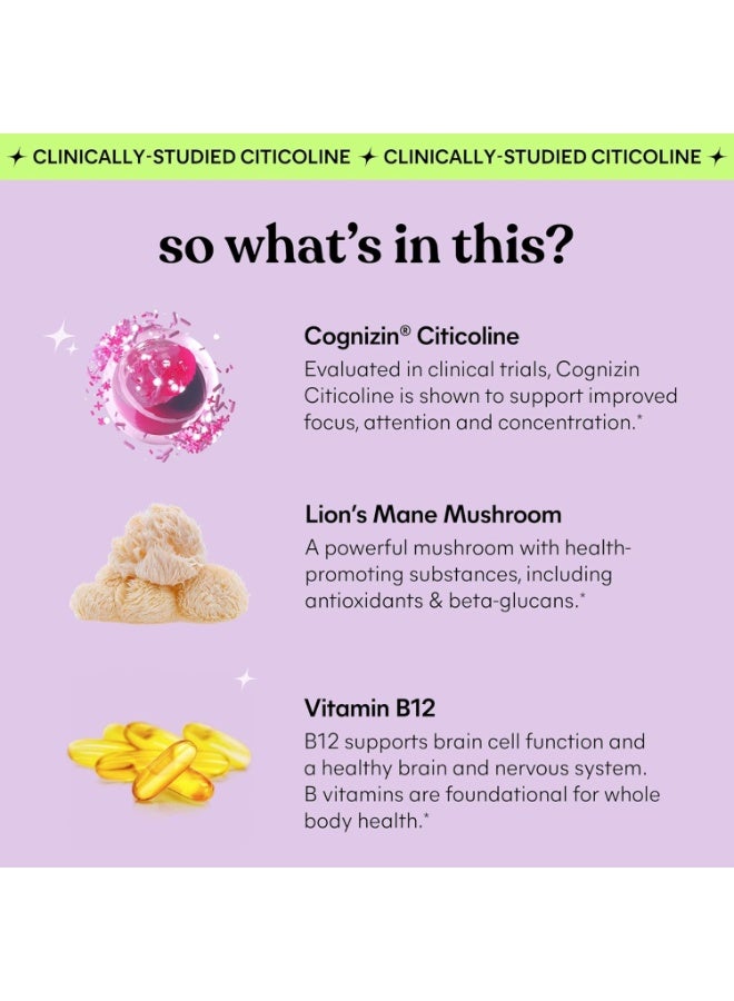 Lemme Focus Concentration & Brain Health Gummies with Cognizin Citicoline Lion's Mane Mushroom Caffeine Free Strawberry 50 Gummies - Image 5