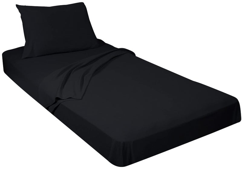 Gilbins 100% Combed T-Shirt Cotton Jersey Knit Camp Sheet Set, 1 Fitted cot Sheet, 1 Flat Sheet, 1 Standard Pillow case Black - Image 1
