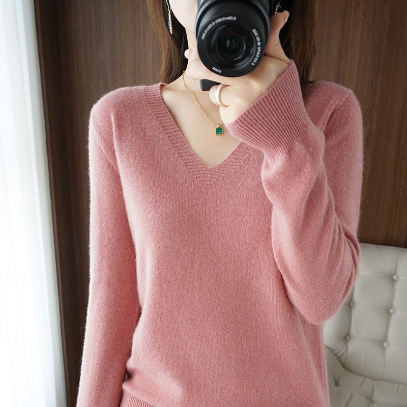 2025 Spring New Pure Color V Neck Knitted Bottoming Shirt Pullover Slimming Look Sweater Thin Style Western Style Inner Wear - Image 1