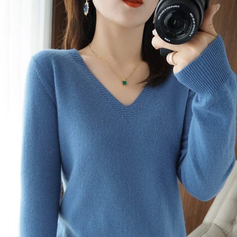 2025 Spring New Pure Color V Neck Knitted Bottoming Shirt Pullover Slimming Look Sweater Thin Style Western Style Inner Wear - Image 3
