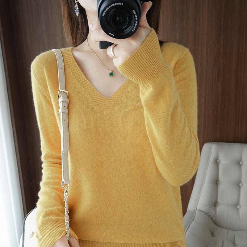 2025 Spring New Pure Color V Neck Knitted Bottoming Shirt Pullover Slimming Look Sweater Thin Style Western Style Inner Wear - Image 5