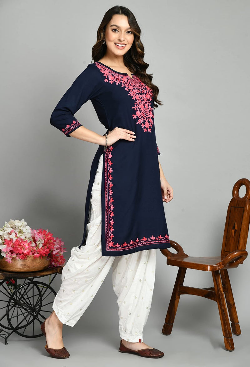 QAZMI Women's Kashmiri Aari Work Keyhole Neck 3/4 Sleeves Viscose Rayon Navy Blue Straight Kurta - Image 3