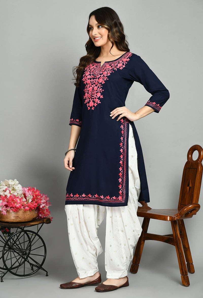 QAZMI Women's Kashmiri Aari Work Keyhole Neck 3/4 Sleeves Viscose Rayon Navy Blue Straight Kurta - Image 4