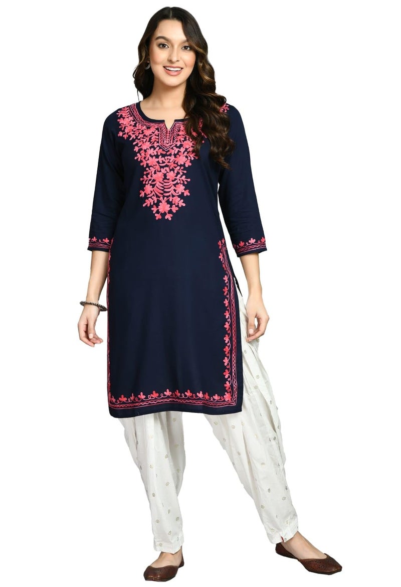 QAZMI Women's Kashmiri Aari Work Keyhole Neck 3/4 Sleeves Viscose Rayon Navy Blue Straight Kurta - Image 1