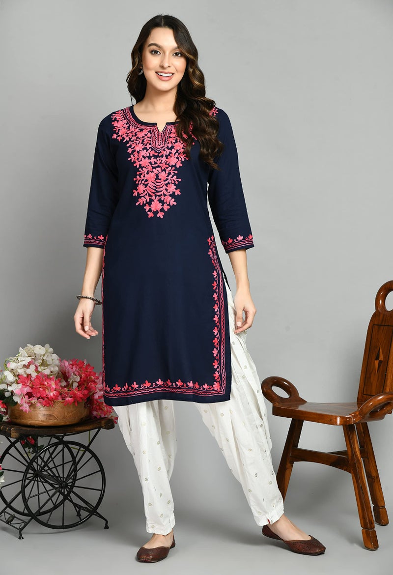 QAZMI Women's Kashmiri Aari Work Keyhole Neck 3/4 Sleeves Viscose Rayon Navy Blue Straight Kurta - Image 2