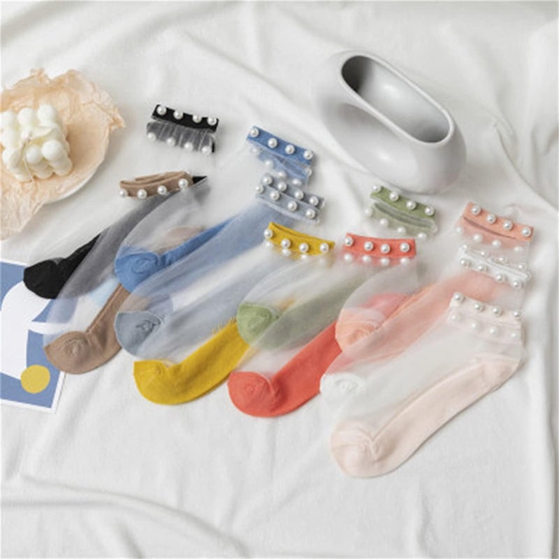 klarako Crystal Tulle Pearl Transparent Socks,Lace Elastic Ultra Thin Silk Stockings Short Socks Non Slip Socks (10 Pairs) - Image 5