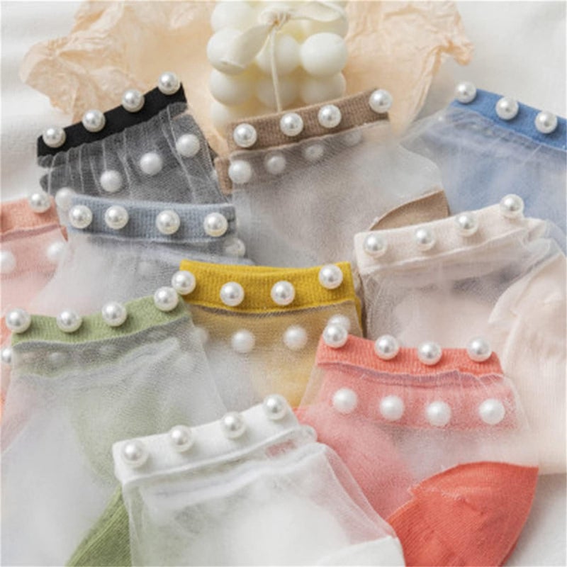 klarako Crystal Tulle Pearl Transparent Socks,Lace Elastic Ultra Thin Silk Stockings Short Socks Non Slip Socks (10 Pairs) - Image 4