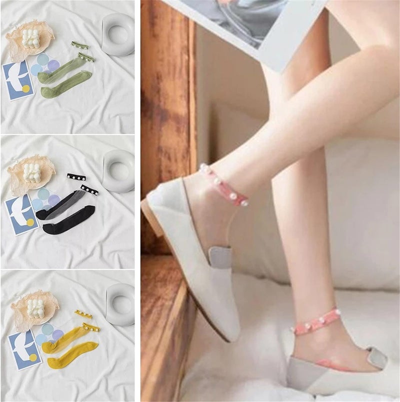 klarako Crystal Tulle Pearl Transparent Socks,Lace Elastic Ultra Thin Silk Stockings Short Socks Non Slip Socks (10 Pairs) - Image 3