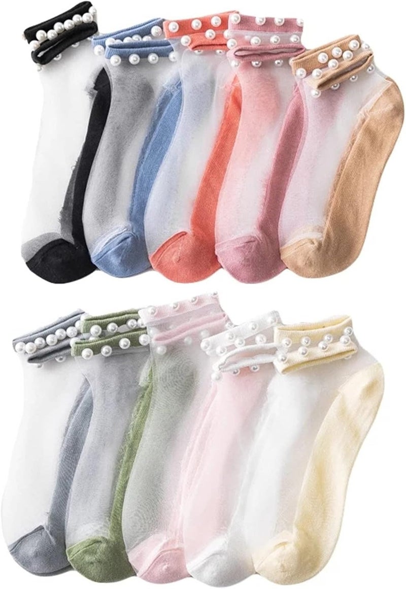 klarako Crystal Tulle Pearl Transparent Socks,Lace Elastic Ultra Thin Silk Stockings Short Socks Non Slip Socks (10 Pairs) - Image 1
