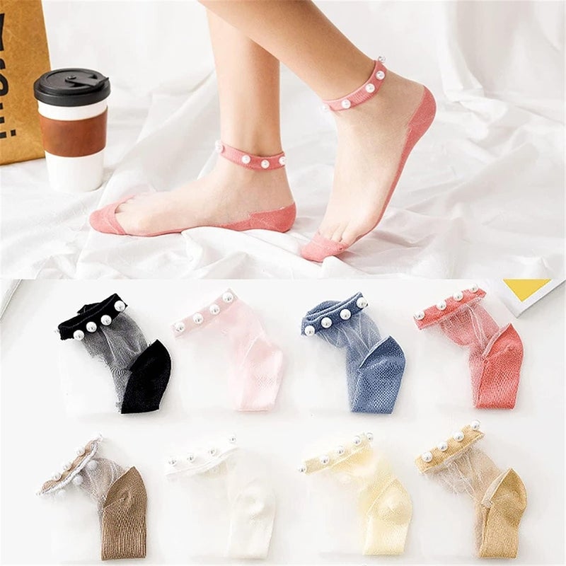 klarako Crystal Tulle Pearl Transparent Socks,Lace Elastic Ultra Thin Silk Stockings Short Socks Non Slip Socks (10 Pairs) - Image 2