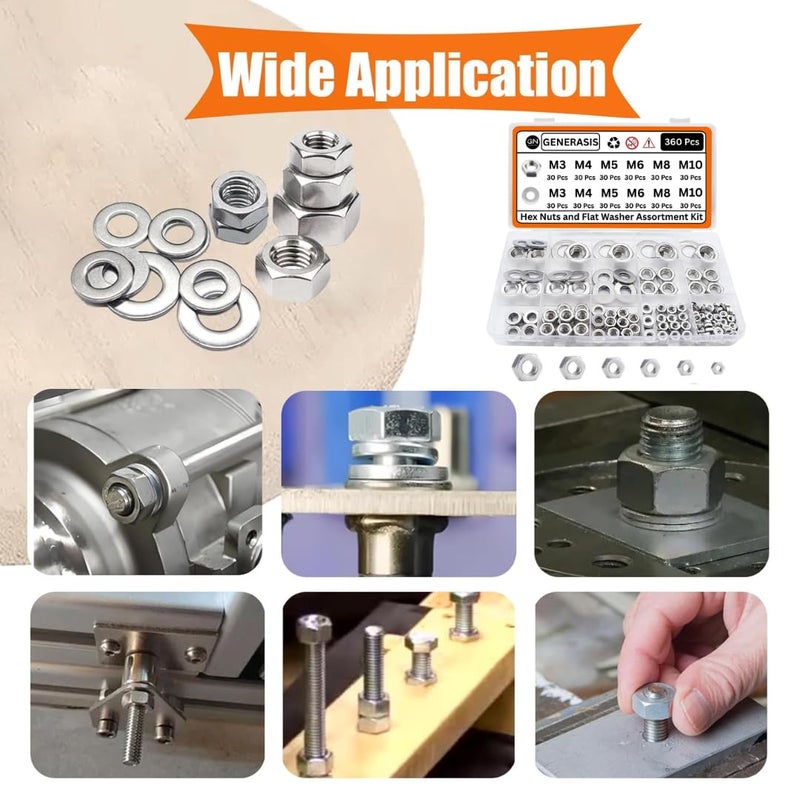 GENERASIS طقم صواميل وم washers مترية، مجموعة صواميل و washers بحجم 6 (M3 M4 M5 M6 M8 M10) صواميل سداسية من الفولاذ المقاوم للصدأ 304 لبراغي (360 قطعة طقم متوسط) - Image 2