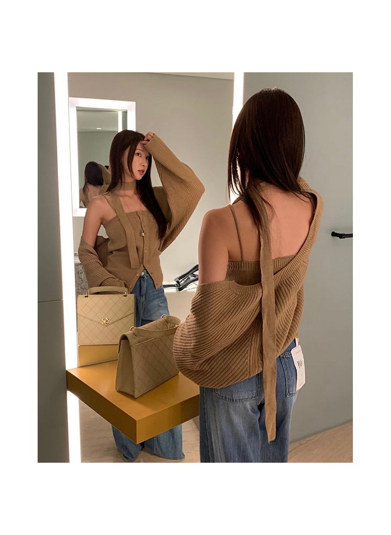 Generic Chic Korean Style Sweatersuit Womens Pullover Sweater Set Fashionable Sweater With Scarf Womens Fashion Clothing From China Light brown  - Image 3