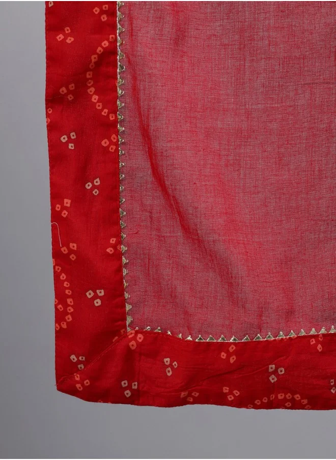 آي شين Straight Fit Printed Pattern Round Neck Three-Quarter Sleeves Red Colour Knitted Cotton Kurta Set for Women with Semi Elastic Closure - A Must-Have for Every Wardrobe