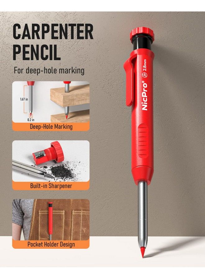 Nicpro قلم رصاص نجار مع مبراة، مجموعة أقلام نجار ميكانيكية مع 13 قلم تحديد عميق قابل لإعادة التعبئة، أقلام رصاص بناء، قلم رصاص نجارة شديد التحمل للمهندس المعماري (أسود وأحمر وأصفر) مع حقيبة - Image 3