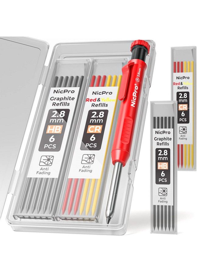 Nicpro قلم رصاص نجار مع مبراة، مجموعة أقلام نجار ميكانيكية مع 13 قلم تحديد عميق قابل لإعادة التعبئة، أقلام رصاص بناء، قلم رصاص نجارة شديد التحمل للمهندس المعماري (أسود وأحمر وأصفر) مع حقيبة - Image 2
